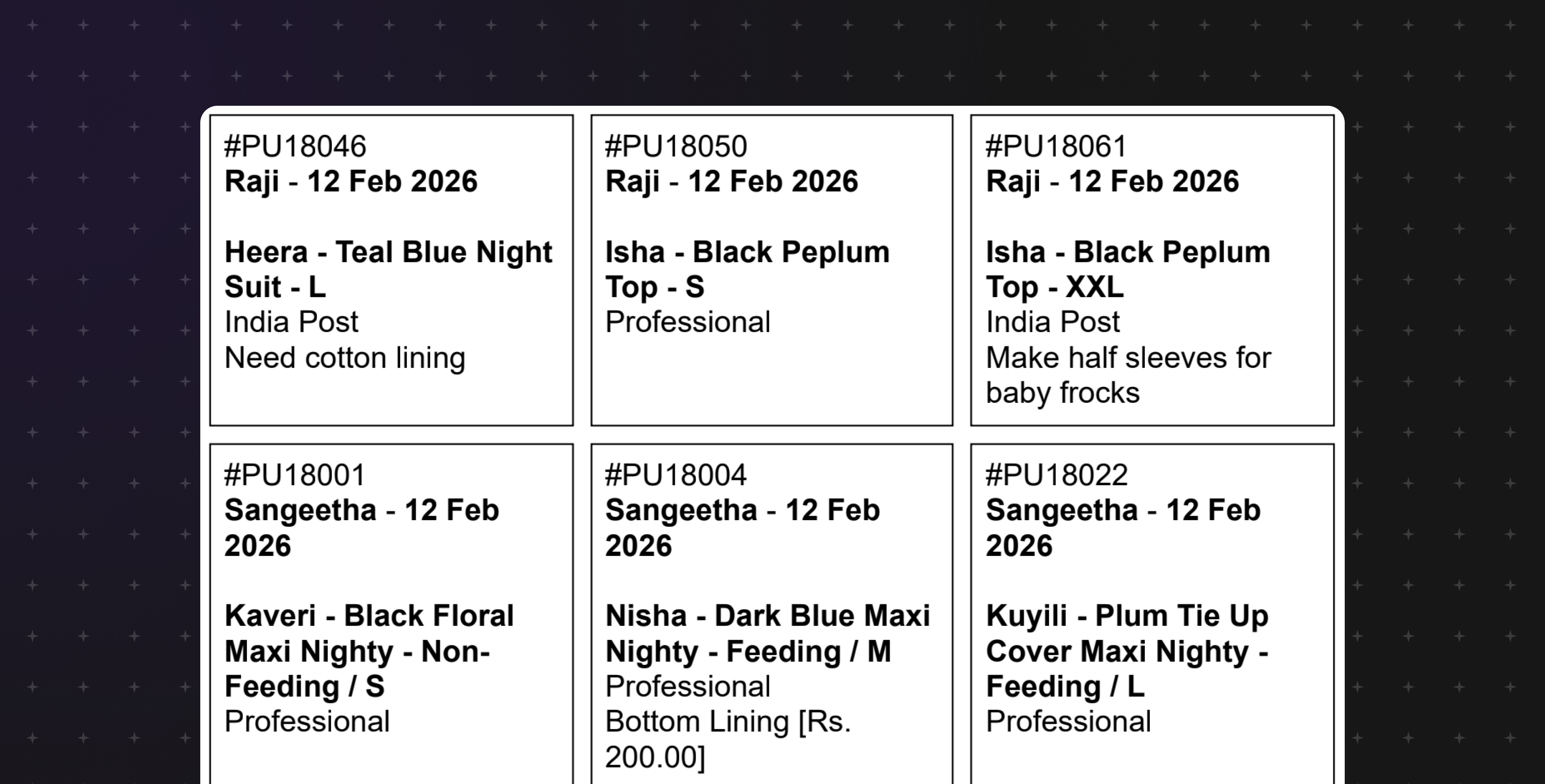 Garment detail cards